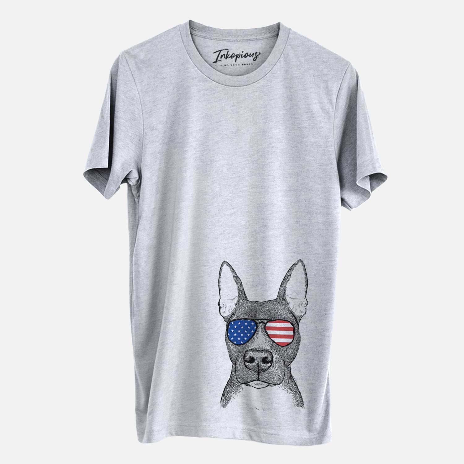 Hand-drawn sketch of Violet the Pitbull wearing American flag sunglasses on a Grey Unisex crewneck
