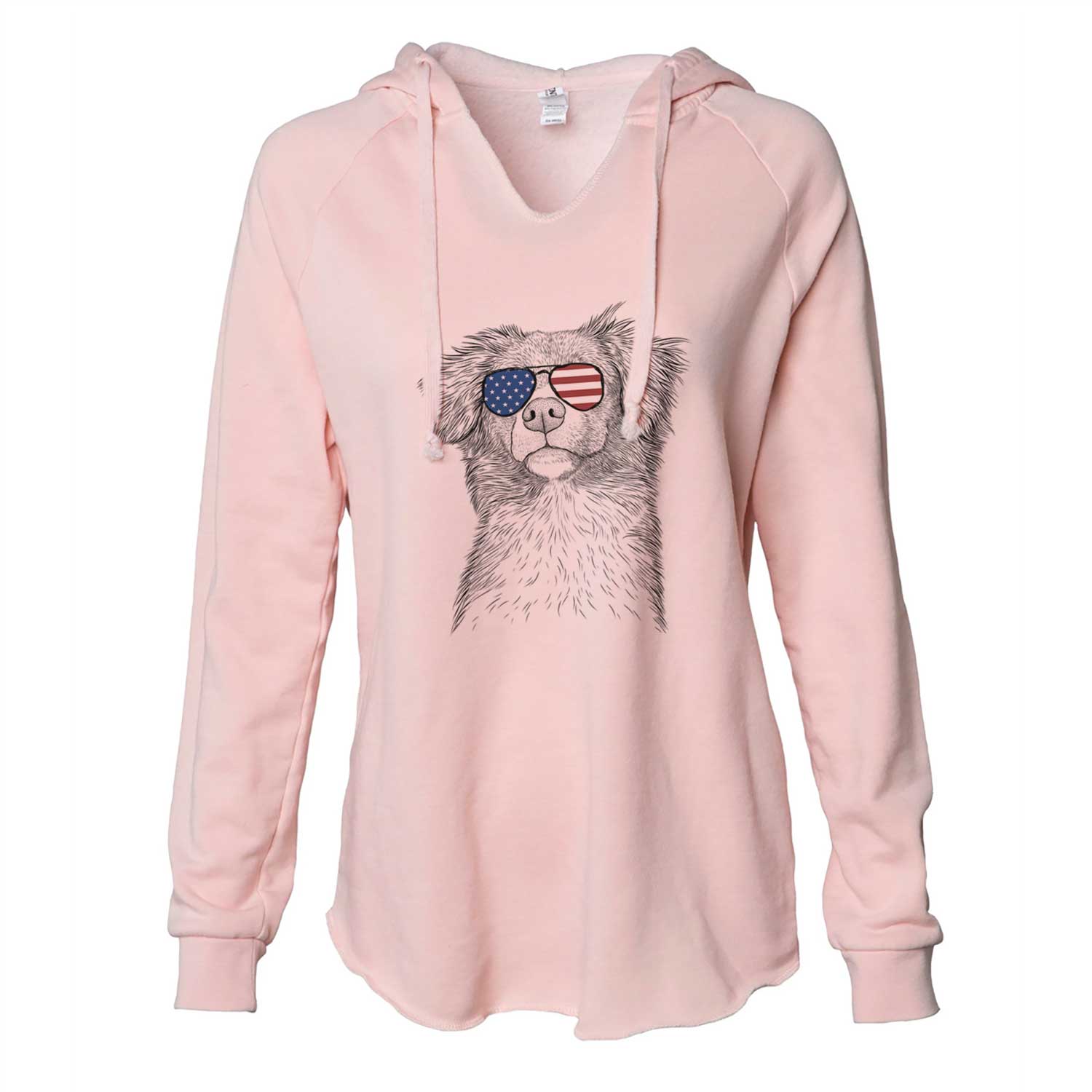 Hand-drawn sketch of Vixen the Nova Scotia Duck Tolling Retriever wearing American flag sunglasses on a Blush Cali Wave Hooded Sweatshirt
