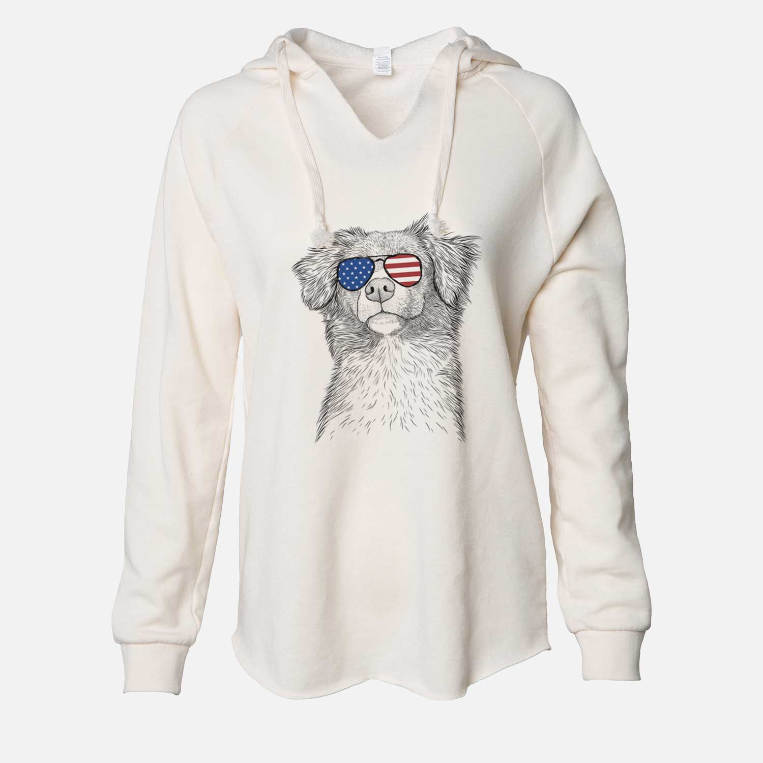 Hand-drawn sketch of Vixen the Nova Scotia Duck Tolling Retriever wearing American flag sunglasses on a Bone Cali Wave Hooded Sweatshirt