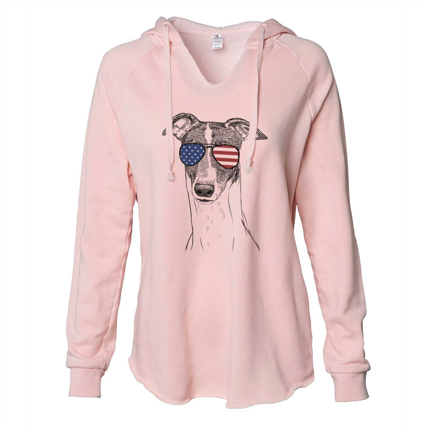 Hand-drawn sketch of Vyncent the Greyhound wearing American flag sunglasses on a Blush Cali Wave Hooded Sweatshirt