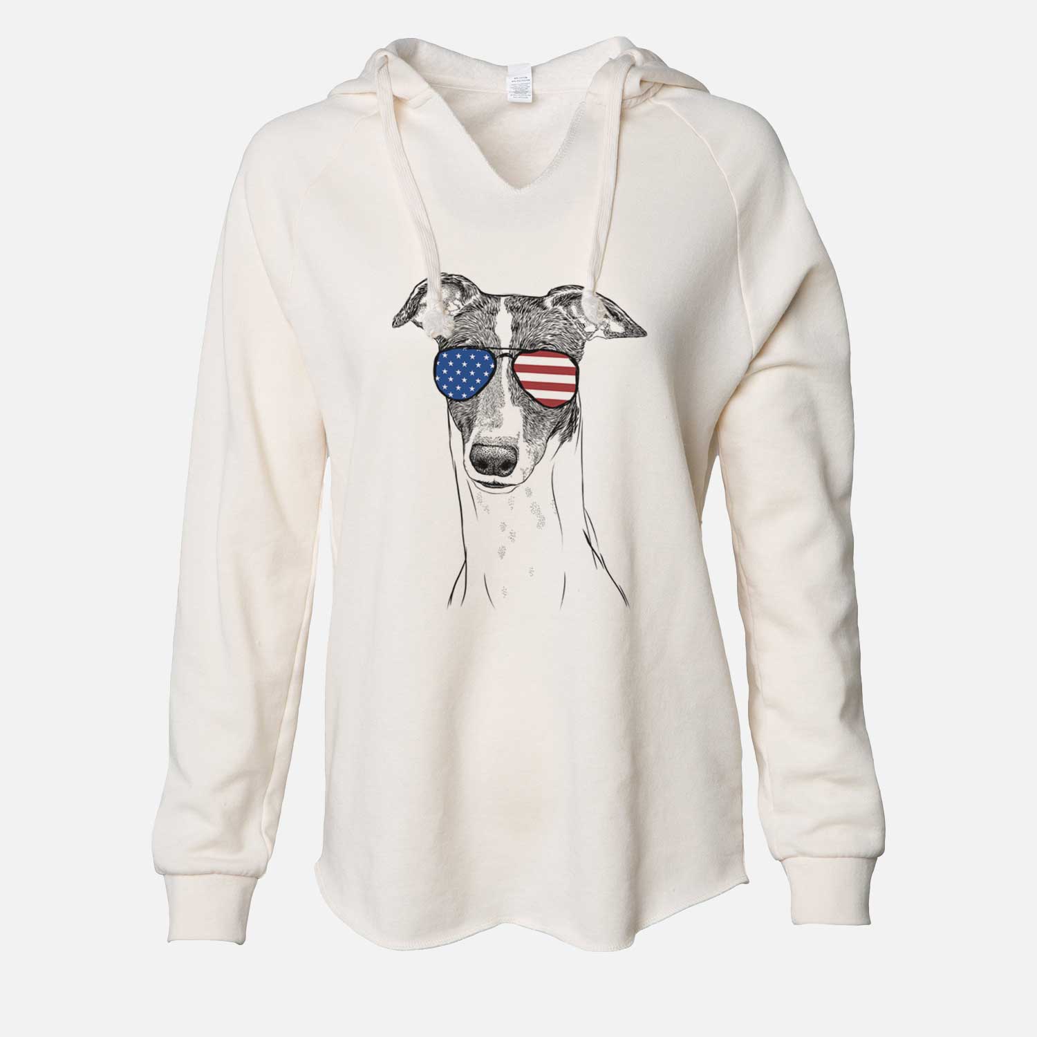 Hand-drawn sketch of Vyncent the Greyhound wearing American flag sunglasses on a Bone Cali Wave Hooded Sweatshirt