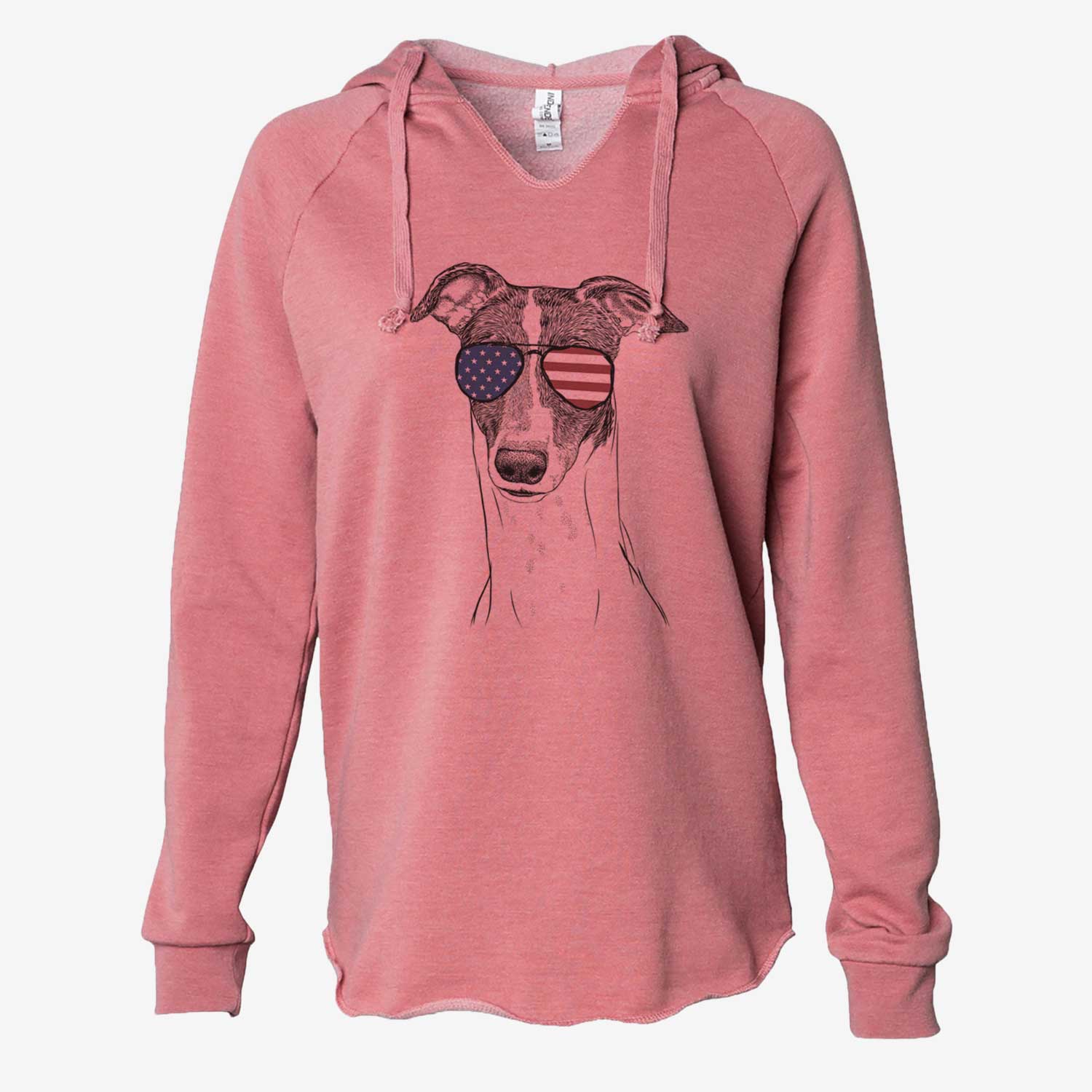 Hand-drawn sketch of Vyncent the Greyhound wearing American flag sunglasses on a Dusty Rose Cali Wave Hooded Sweatshirt