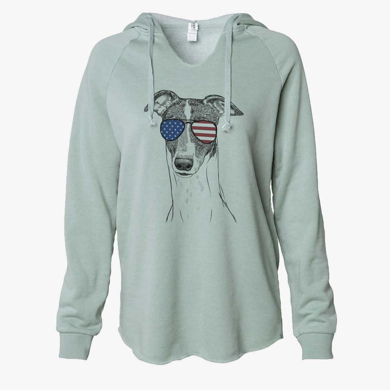 Hand-drawn sketch of Vyncent the Greyhound wearing American flag sunglasses on a Sage Cali Wave Hooded Sweatshirt