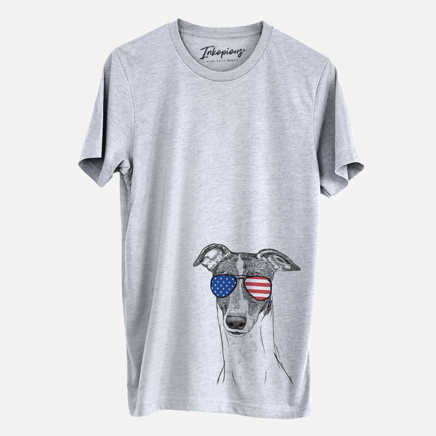 Hand-drawn sketch of Vyncent the Greyhound wearing American flag sunglasses on an Unisex crewneck