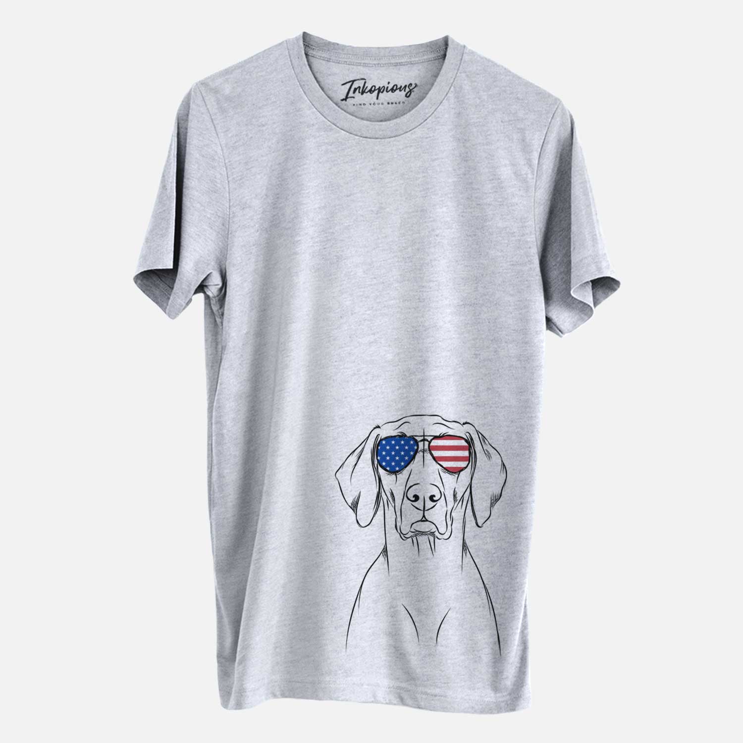 Hand-drawn sketch of Walter the Weimaraner wearing American flag sunglasses on a Grey Unisex crewneck