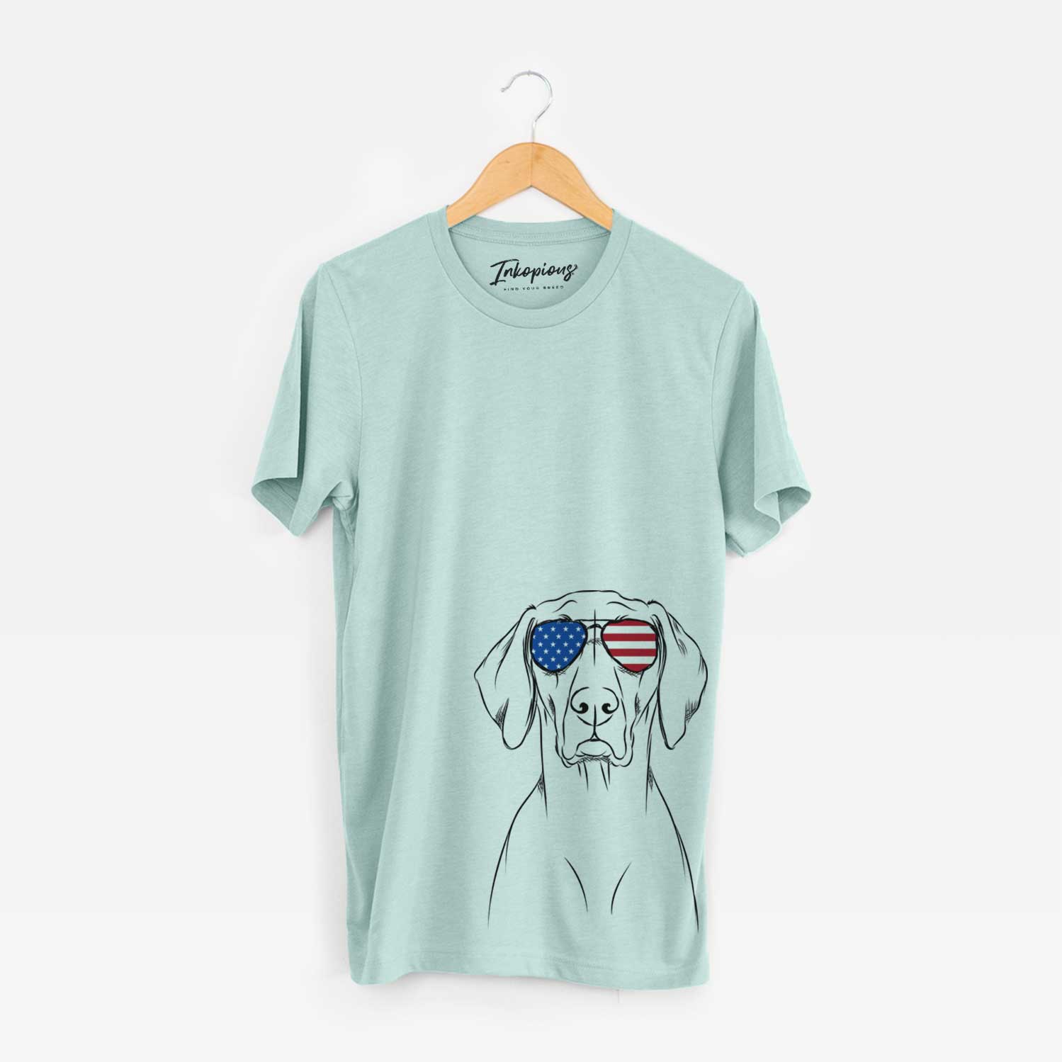 Hand-drawn sketch of Walter the Weimaraner wearing American flag sunglasses on a Heather Sage Unisex crewneck