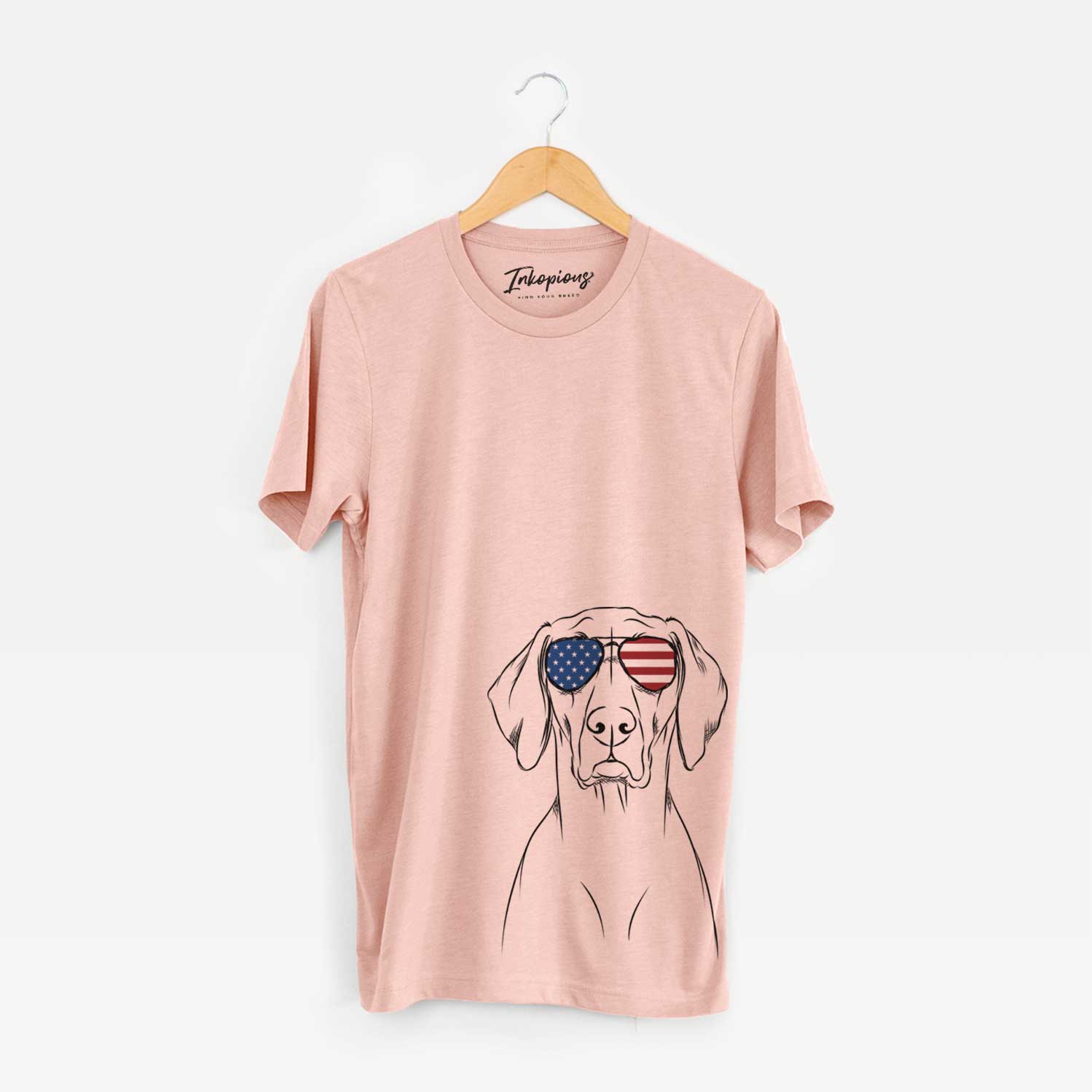 Hand-drawn sketch of Walter the Weimaraner wearing American flag sunglasses on a Peach Unisex crewneck