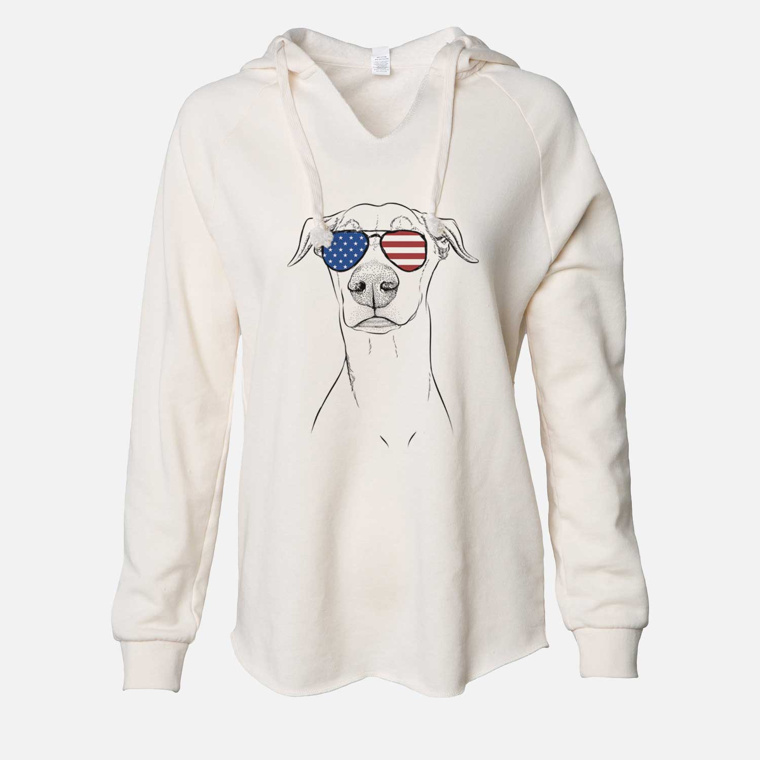 Hand-drawn sketch of Walter the White Doberman Rescue wearing American flag sunglasses on a Bone Cali Wave Hooded Sweatshirt
