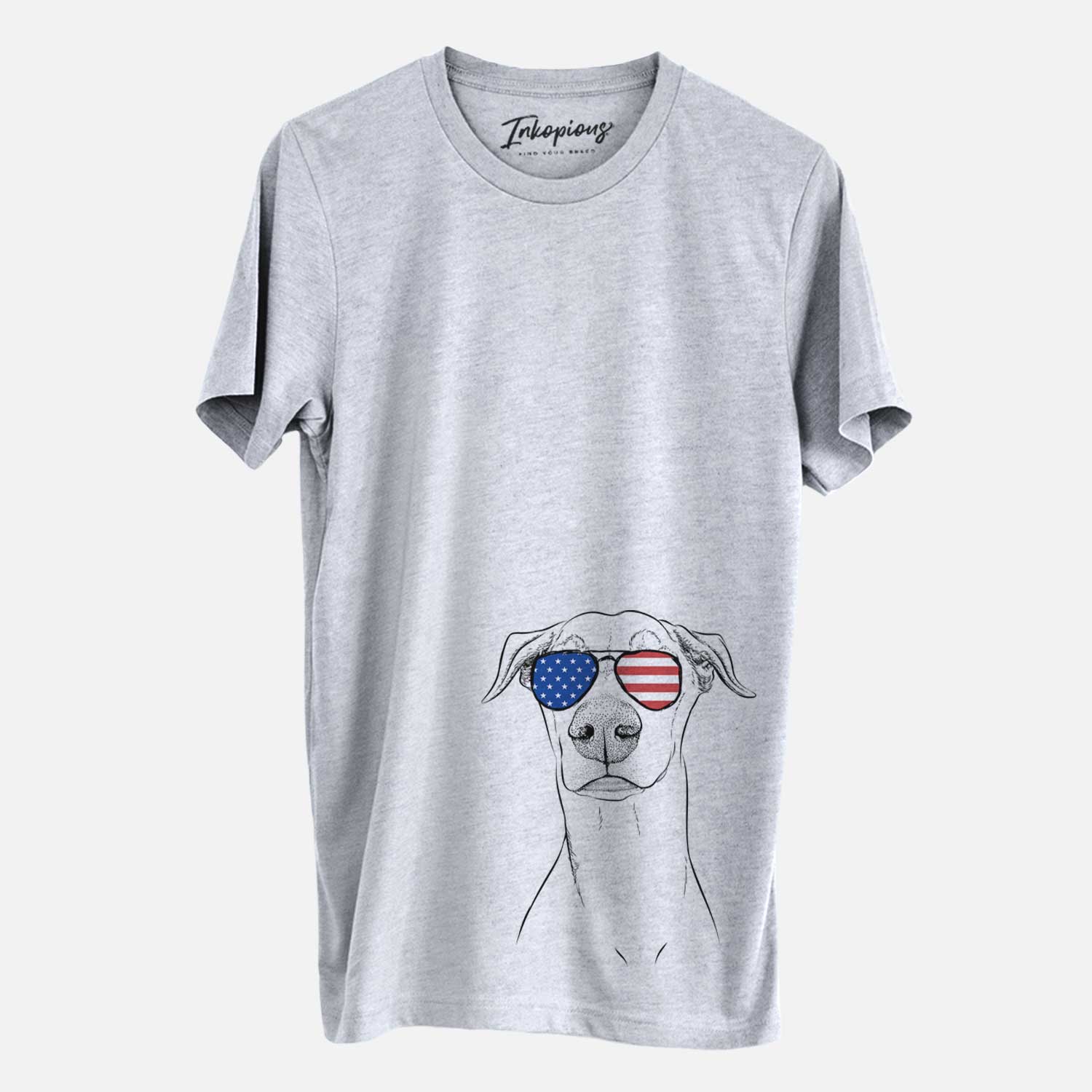 Hand-drawn sketch of Walter the White Doberman Rescue wearing American flag sunglasses on a Grey Unisex crewneck