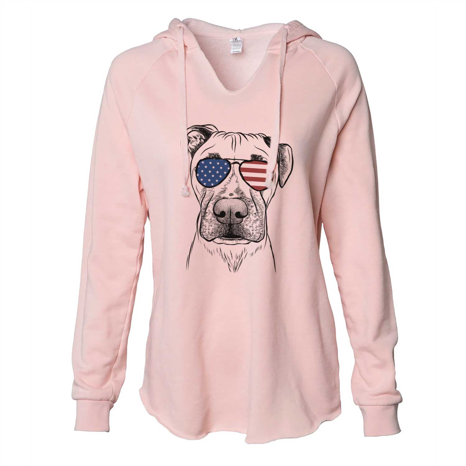 Hand-drawn sketch of Waylon the Boxane wearing American flag sunglasses on a Blush Cali Wave Hooded Sweatshirt