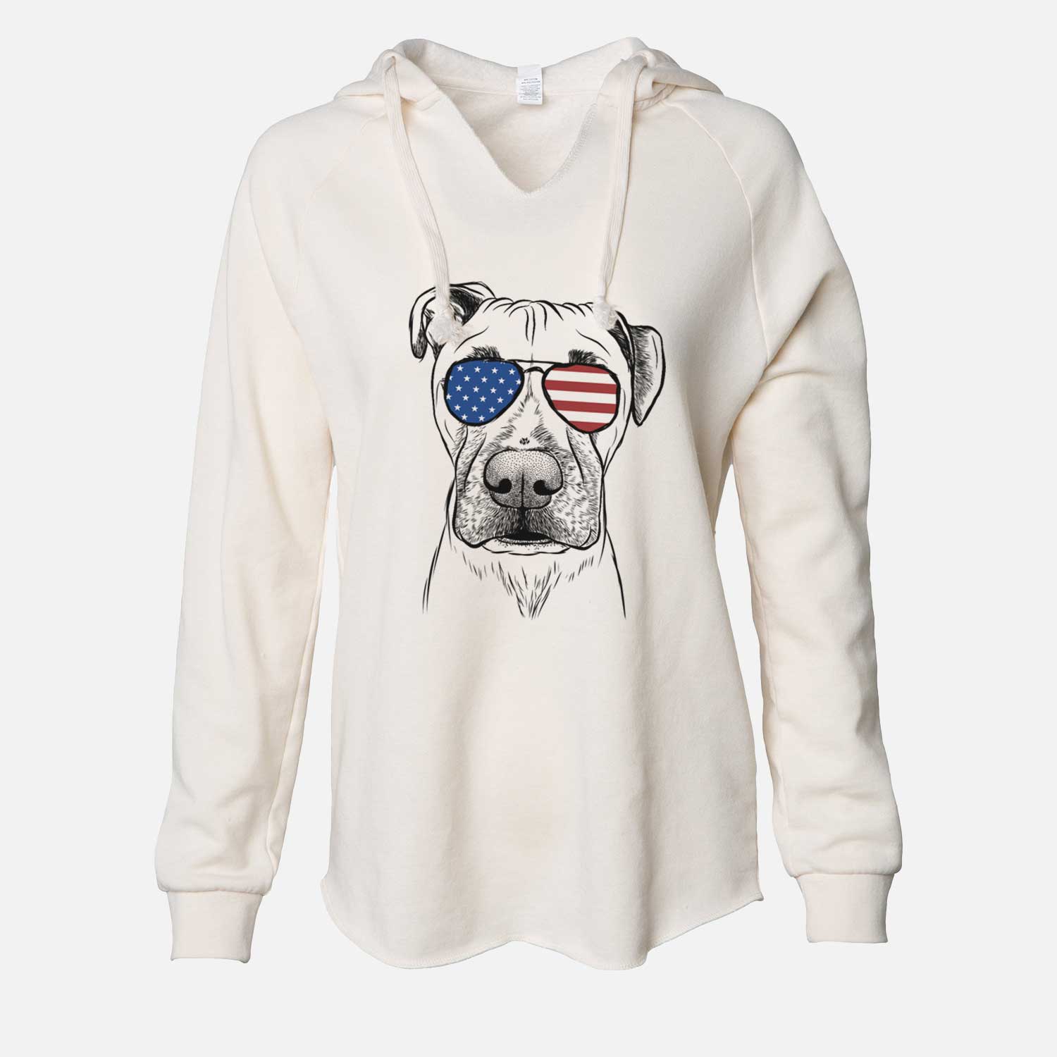 Hand-drawn sketch of Waylon the Boxane wearing American flag sunglasses on a Bone Cali Wave Hooded Sweatshirt