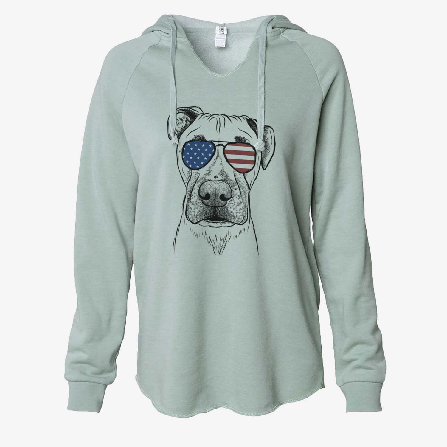 Hand-drawn sketch of Waylon the Boxane wearing American flag sunglasses on a Sage Cali Wave Hooded Sweatshirt