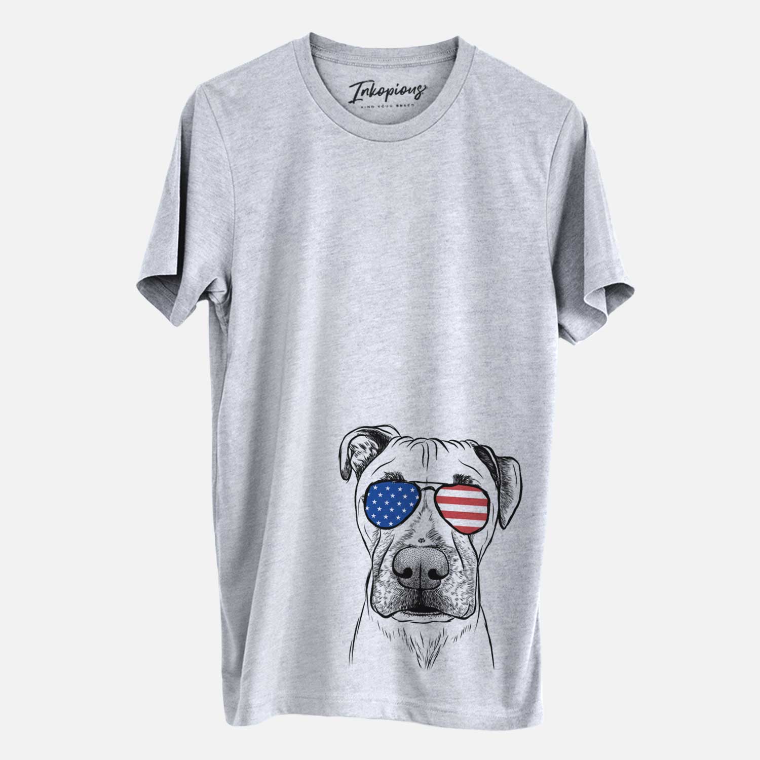 Hand-drawn sketch of Waylon the Boxane wearing American flag sunglasses on a Grey Unisex crewneck