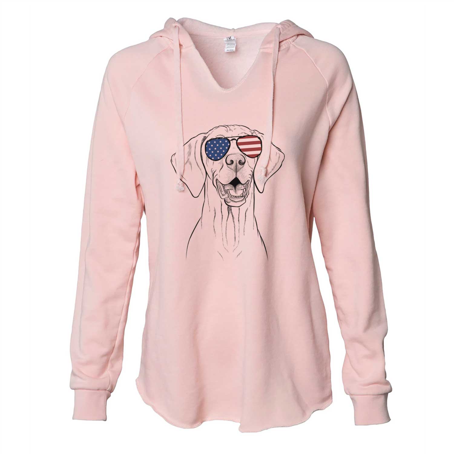 Hand-drawn sketch of Wesley the Vizsla wearing American flag sunglasses on a Blush Cali Wave Hooded Sweatshirt