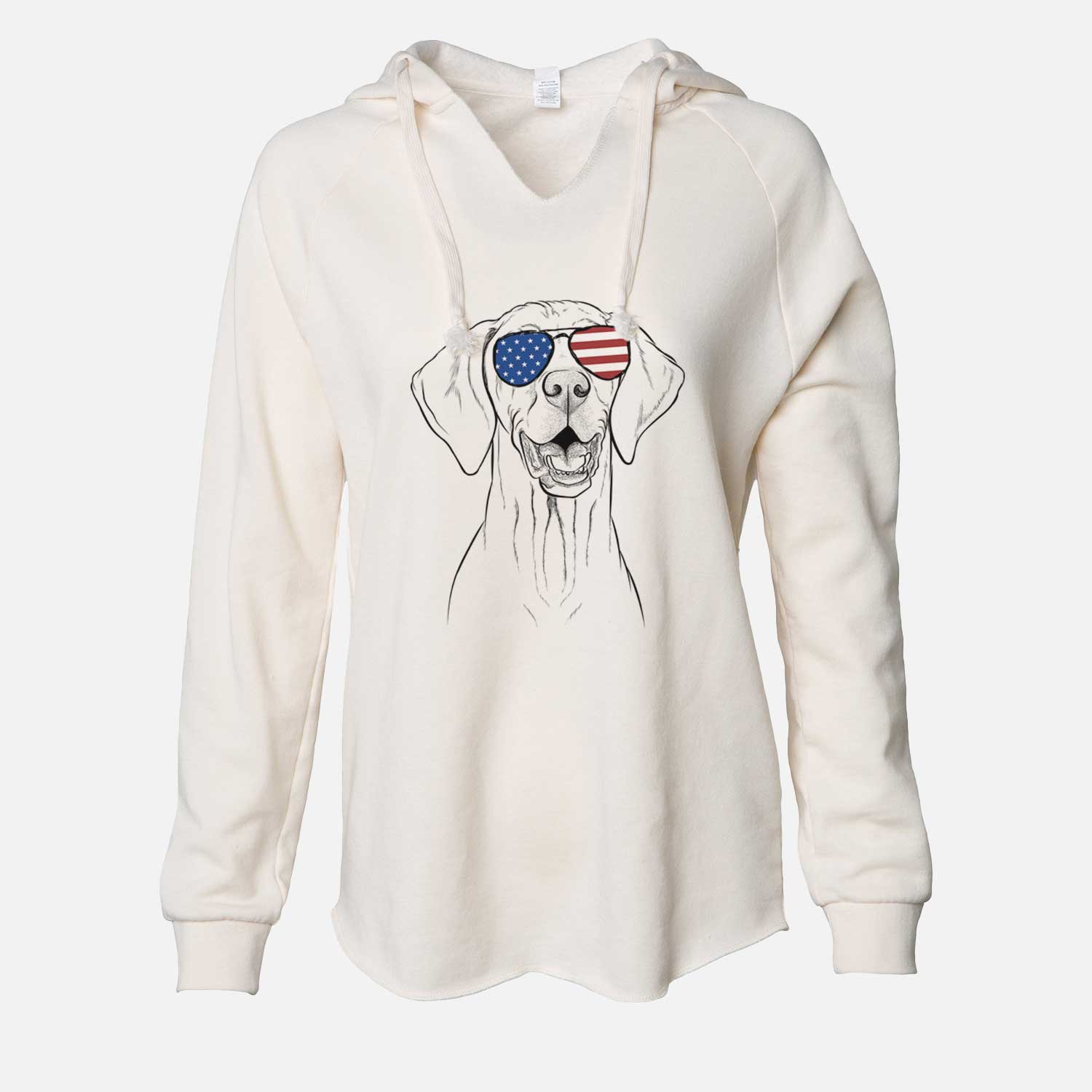 Hand-drawn sketch of Wesley the Vizsla wearing American flag sunglasses on a Bone Cali Wave Hooded Sweatshirt