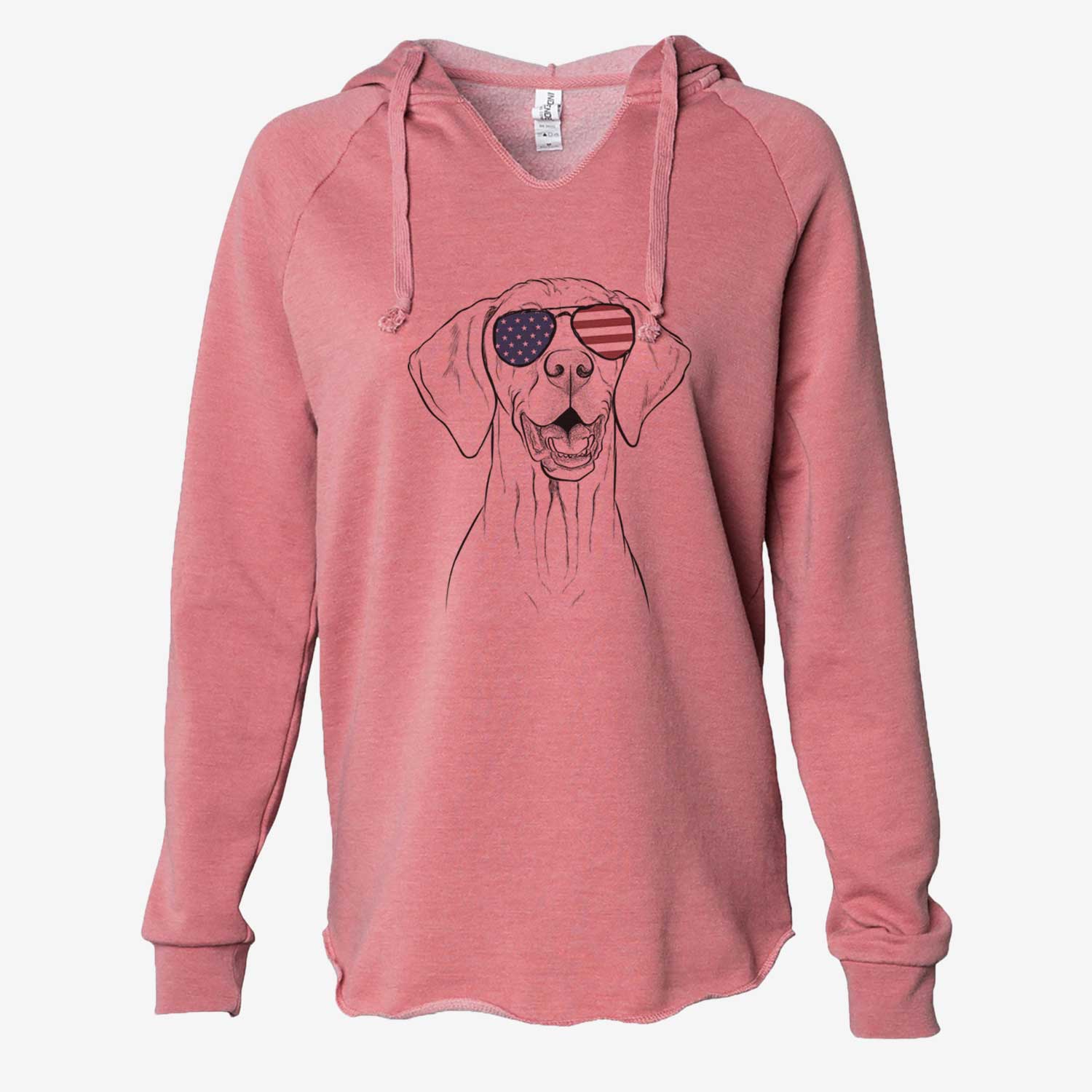 Hand-drawn sketch of Wesley the Vizsla wearing American flag sunglasses on a Dusty Rose Cali Wave Hooded Sweatshirt