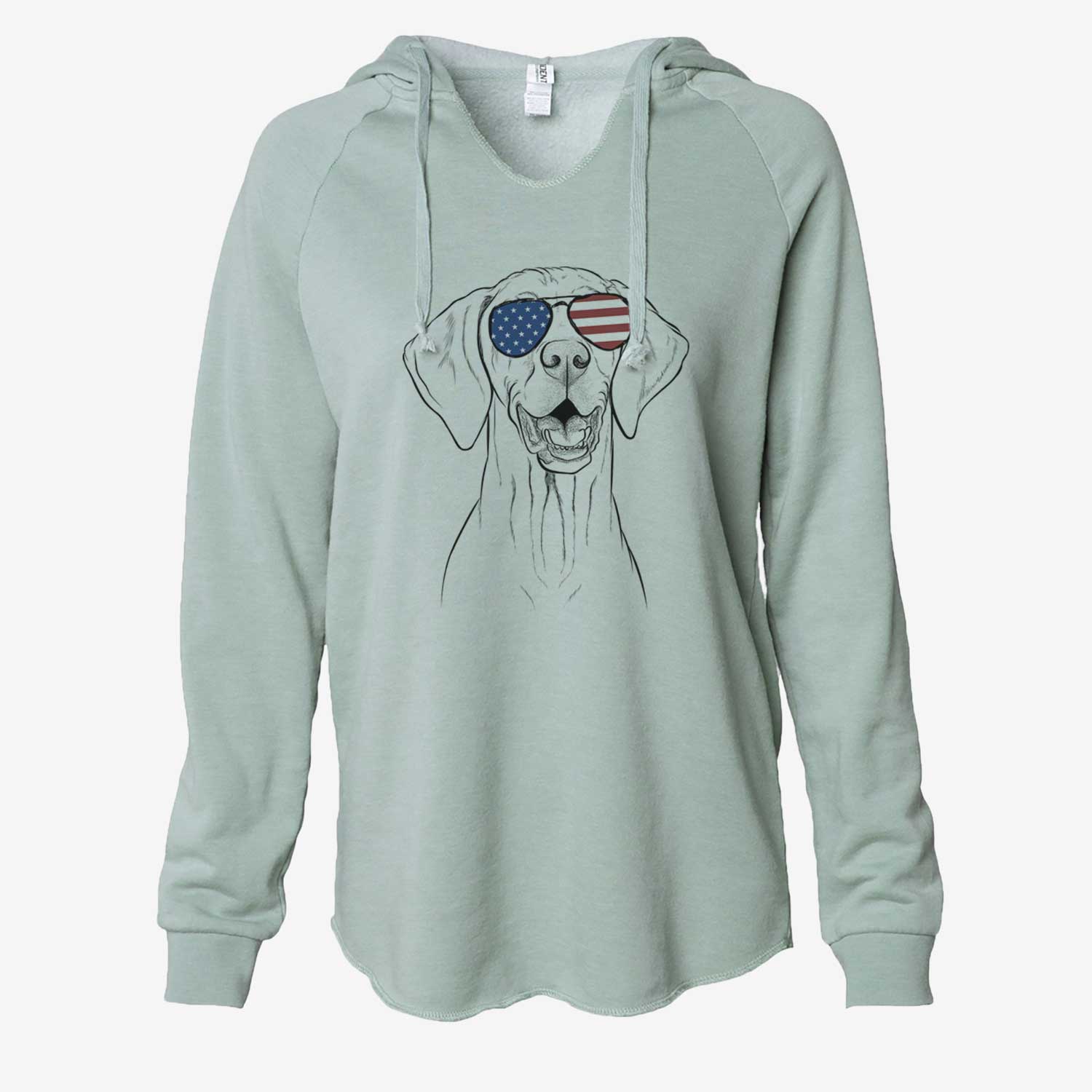 Hand-drawn sketch of Wesley the Vizsla wearing American flag sunglasses on a Sage Cali Wave Hooded Sweatshirt