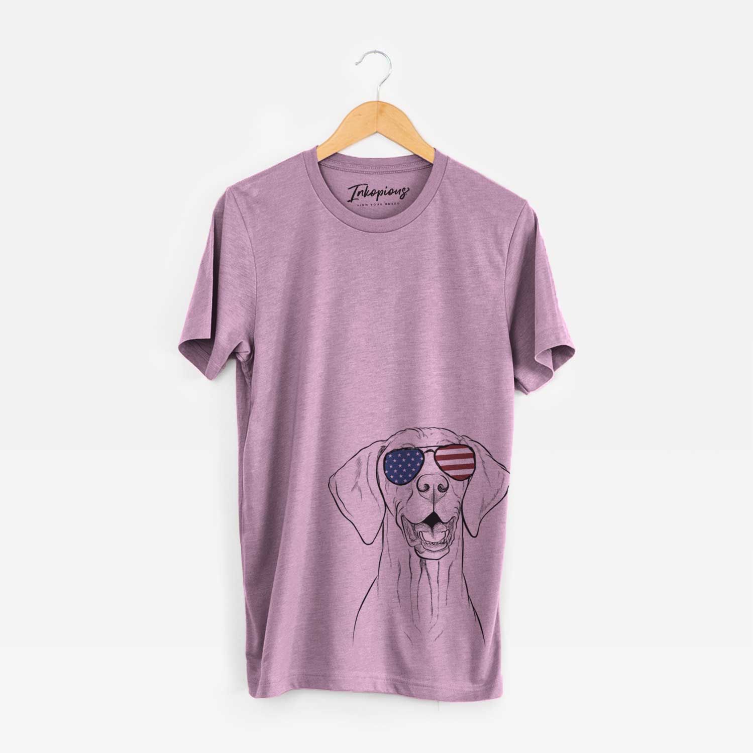 Hand-drawn sketch of Wesley the Vizsla wearing American flag sunglasses on an Orchid Unisex crewneck