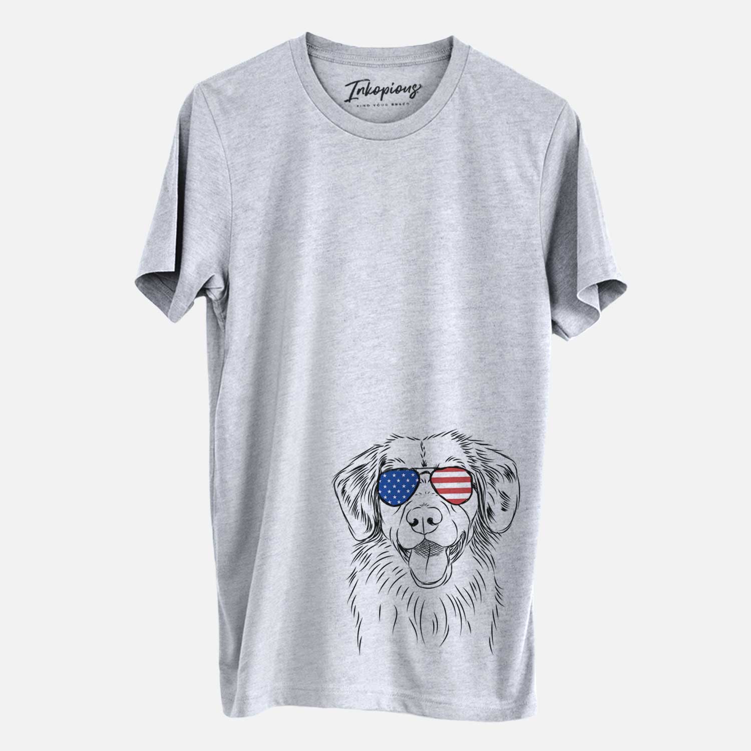 Hand-drawn sketch of Weston the Nova Scotia Duck Tolling Retriever wearing American flag sunglasses on a Grey Unisex crewneck