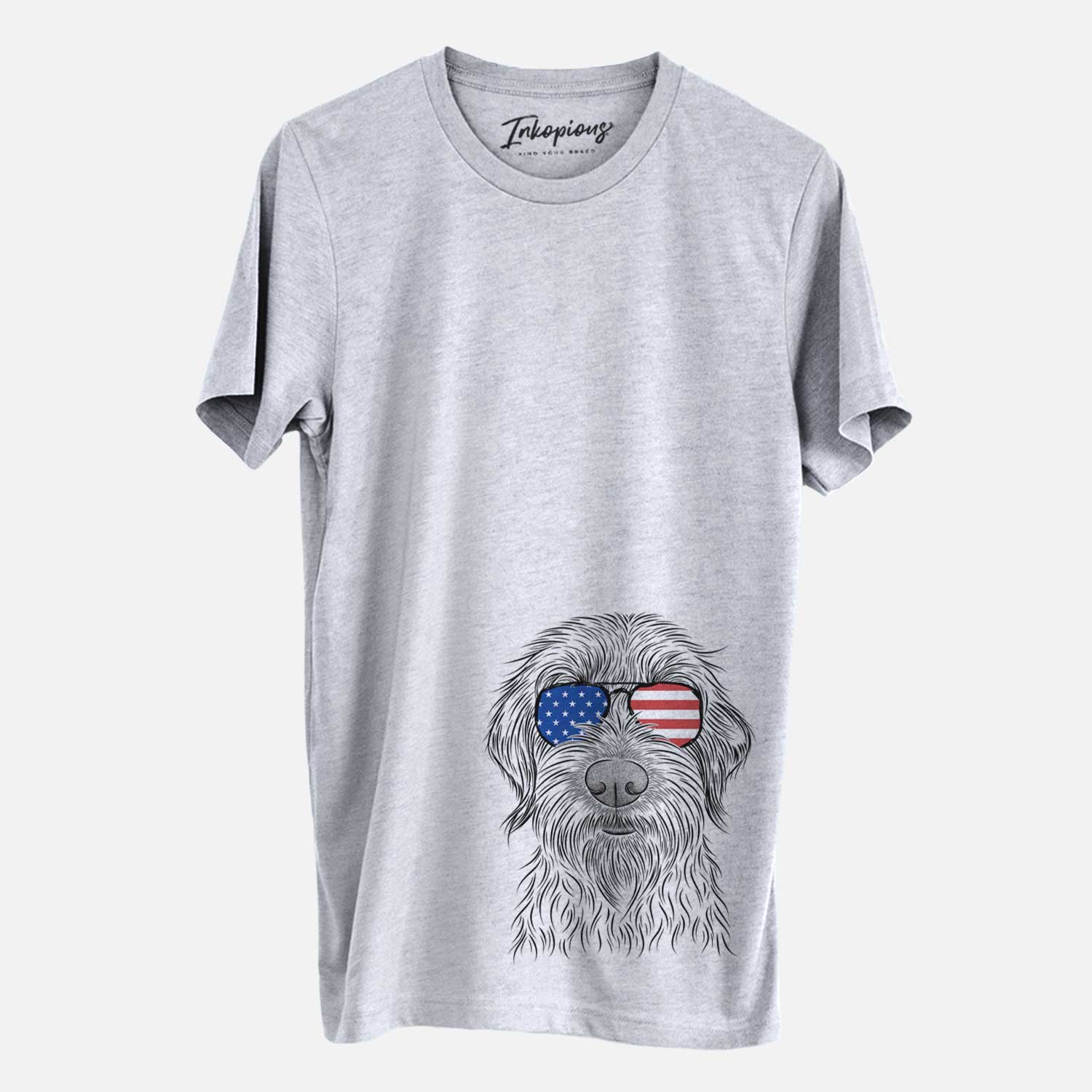 Hand-drawn sketch of Wilkins the Wirehaired Pointing Griffon wearing American flag sunglasses on a Grey Unisex crewneck