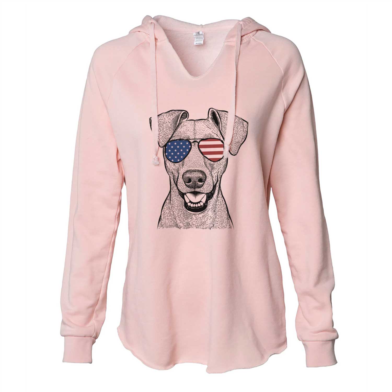 Hand-drawn sketch of Willow the German Pinscher wearing American flag sunglasses on a Blush Cali Wave Hooded Sweatshirt