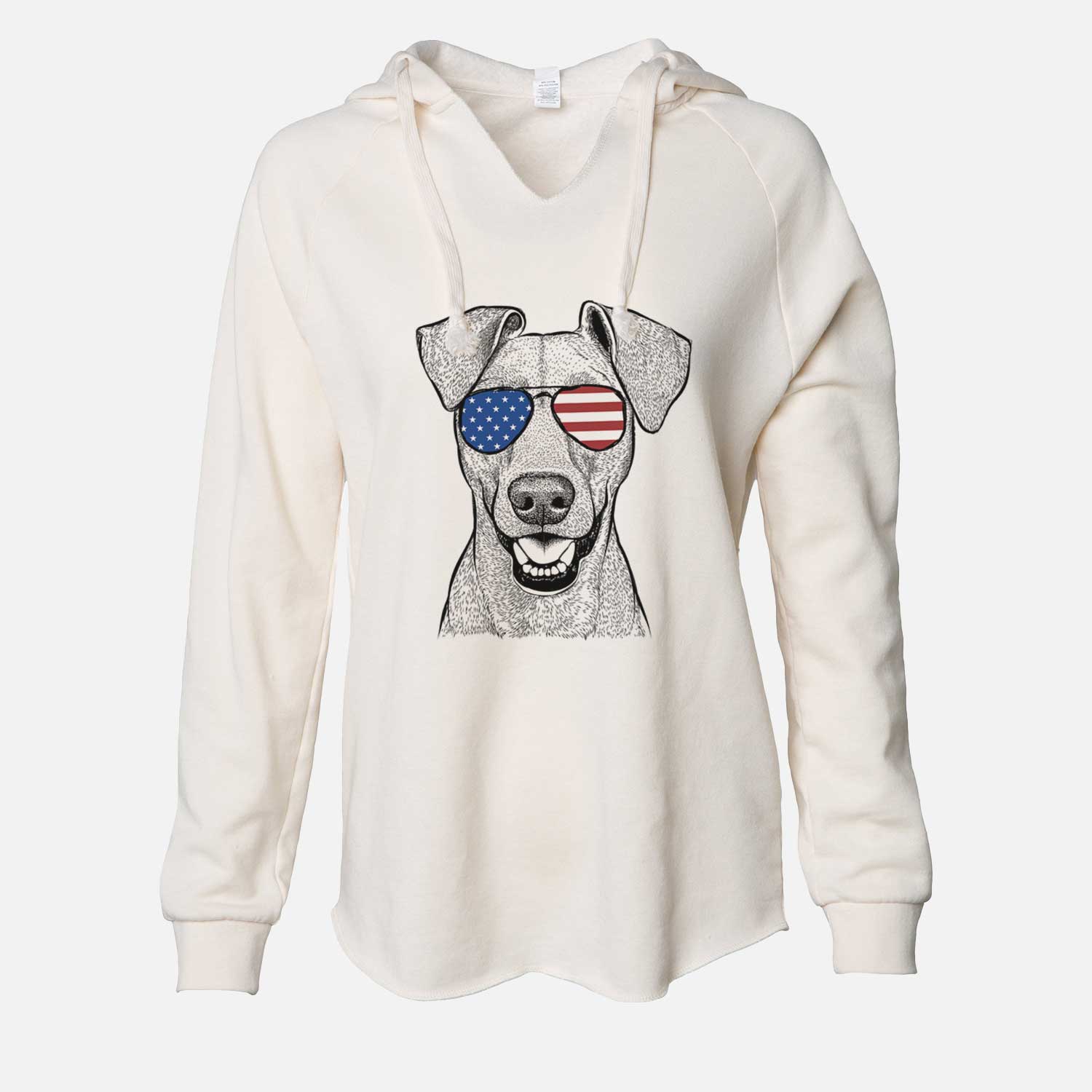 Hand-drawn sketch of Willow the German Pinscher wearing American flag sunglasses on a Bone Cali Wave Hooded Sweatshirt