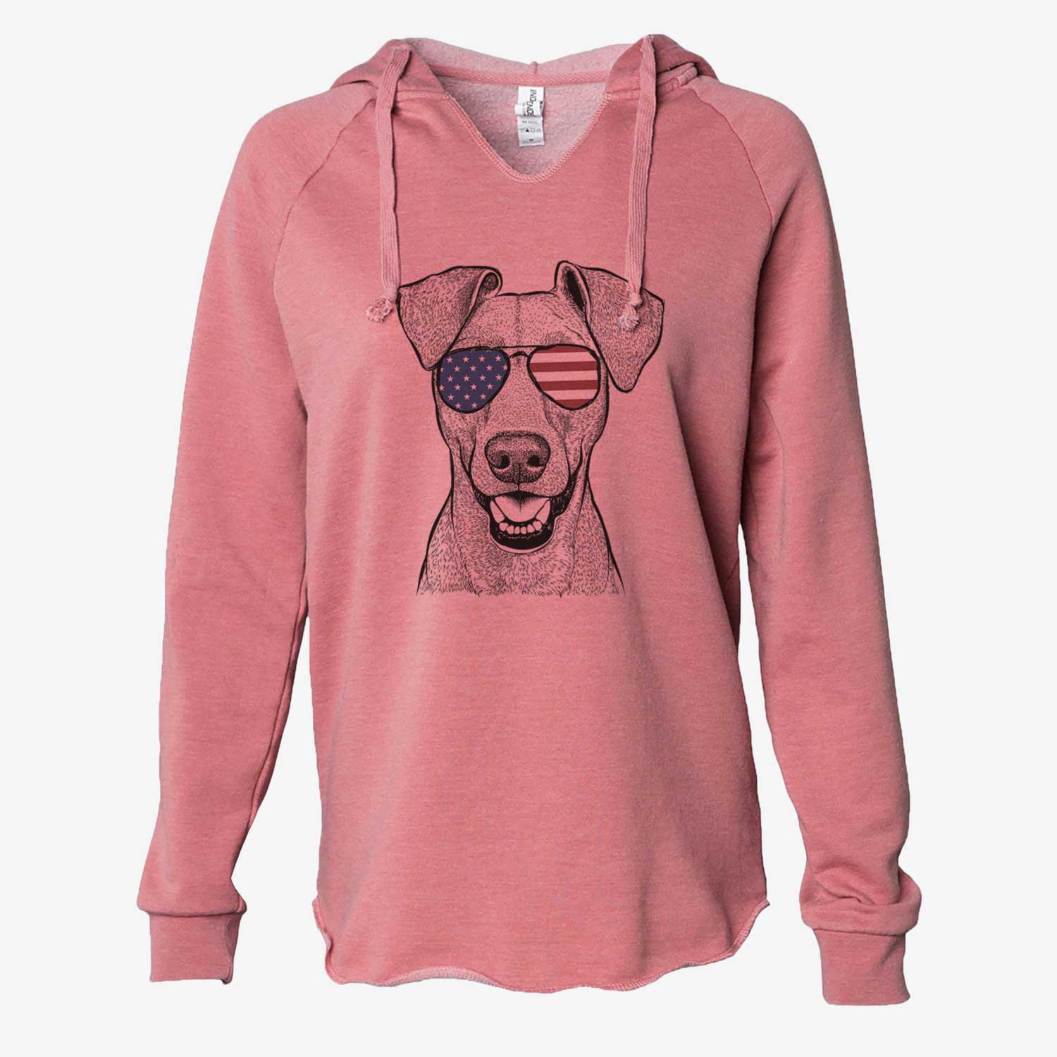 Hand-drawn sketch of Willow the German Pinscher wearing American flag sunglasses on a Dusty Rose Cali Wave Hooded Sweatshirt