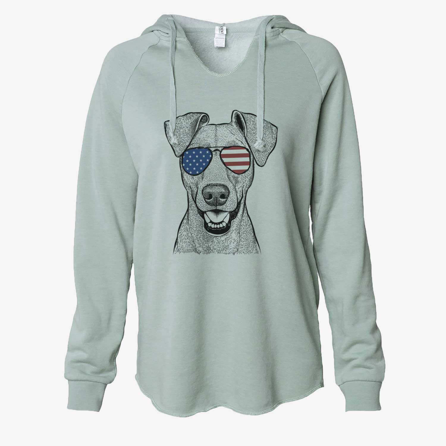 Hand-drawn sketch of Willow the German Pinscher wearing American flag sunglasses on a Sage Cali Wave Hooded Sweatshirt