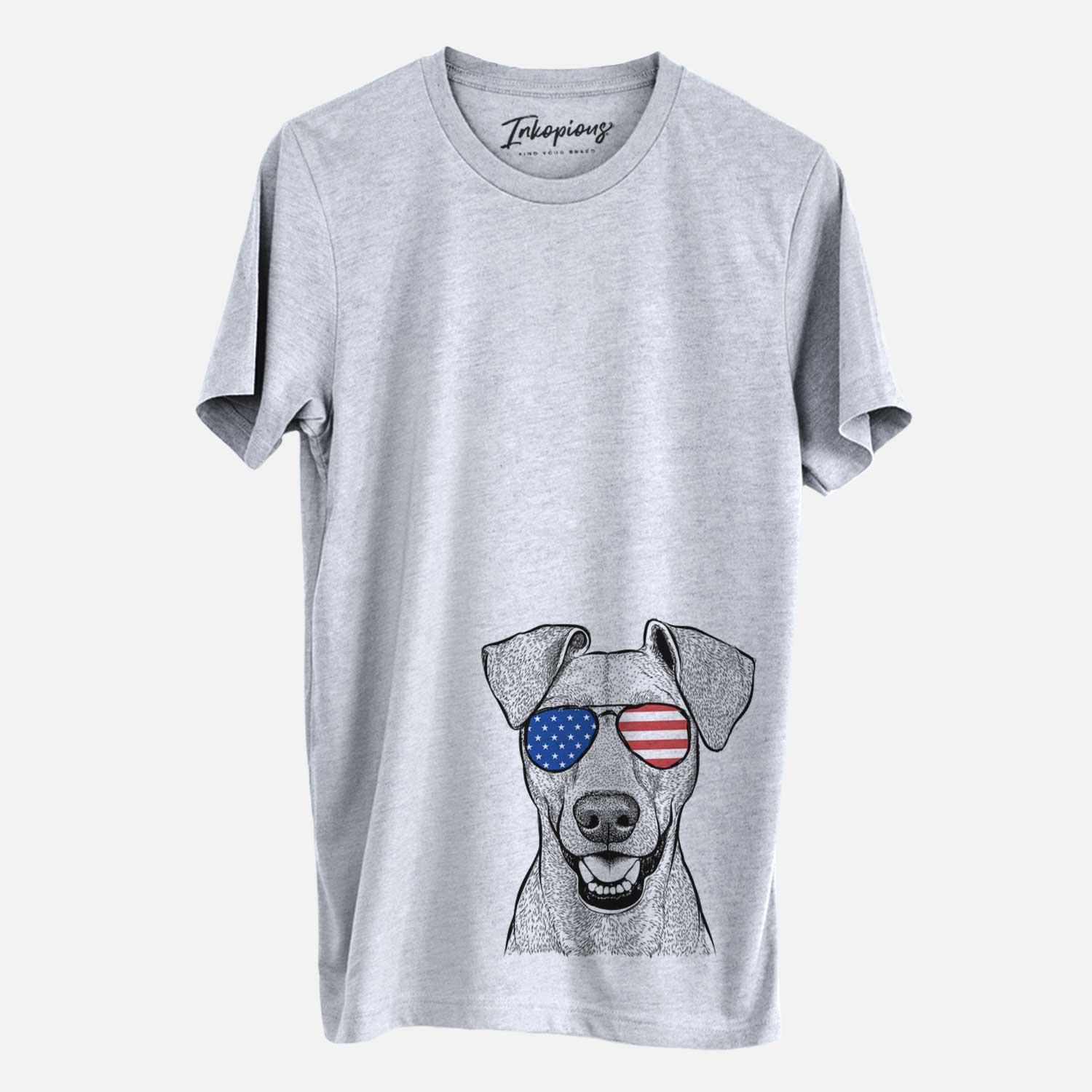 Hand-drawn sketch of Willow the German Pinscher wearing American flag sunglasses on a Grey Unisex crewneck