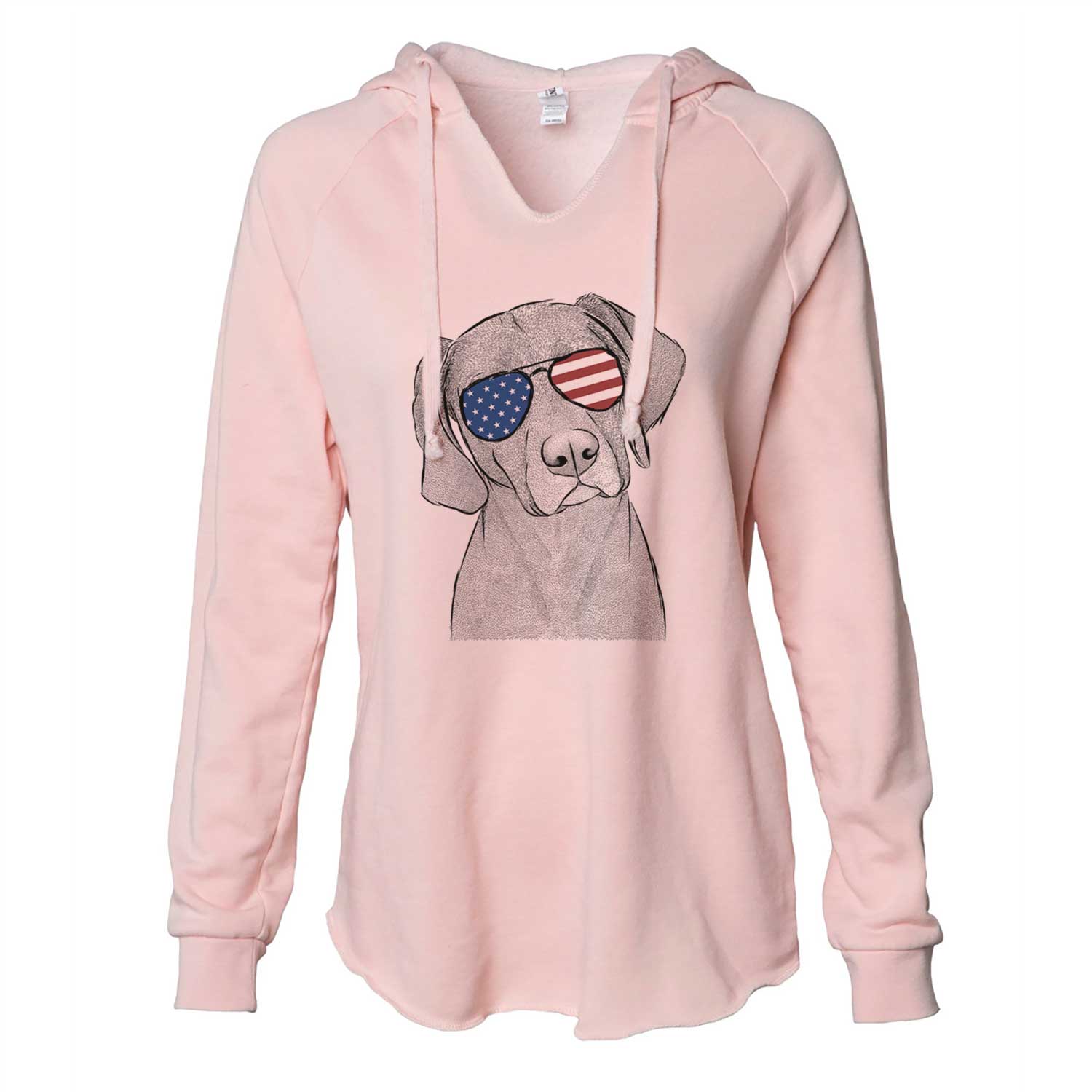 Hand-drawn sketch of Willow the Weizsla wearing American flag sunglasses on a Blush Cali Wave Hooded Sweatshirt