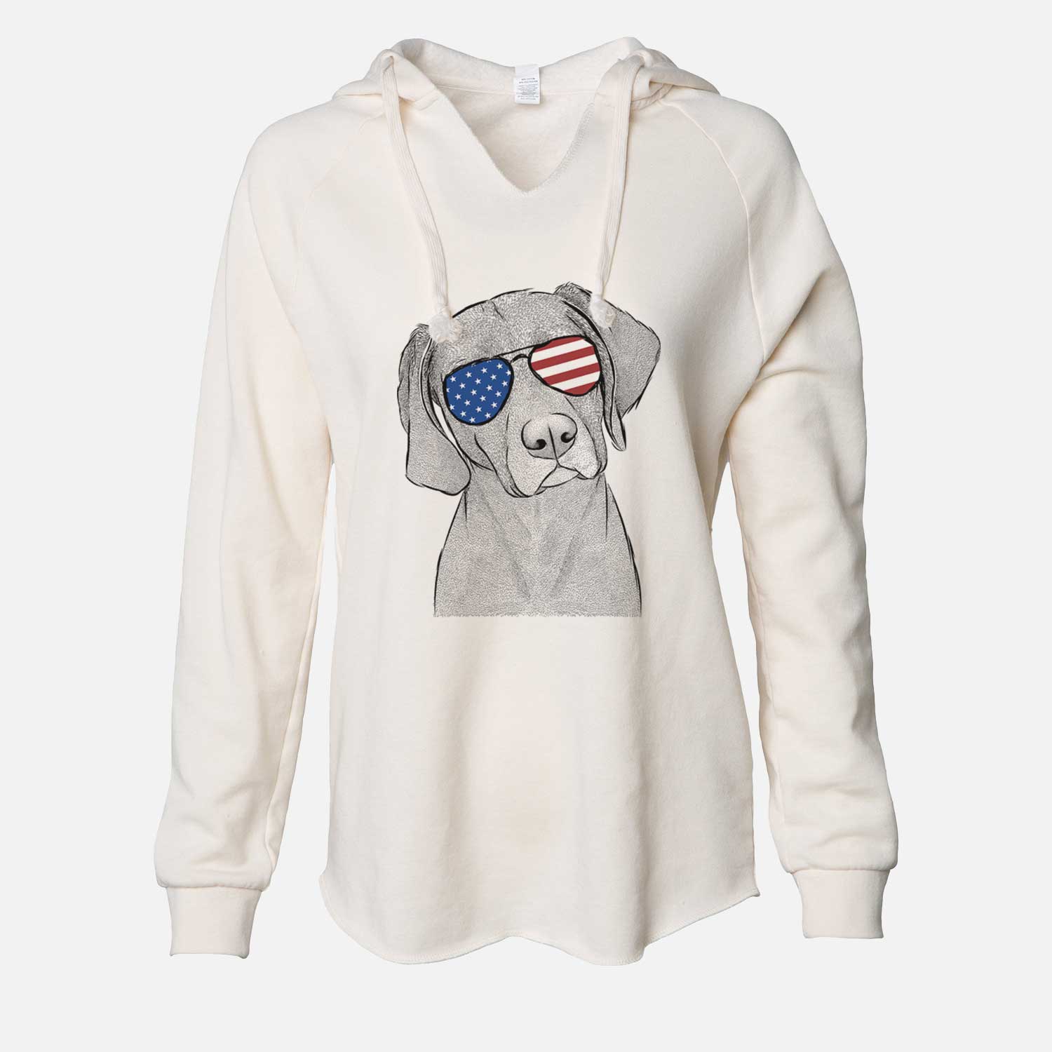 Hand-drawn sketch of Willow the Weizsla wearing American flag sunglasses on a Bone Cali Wave Hooded Sweatshirt