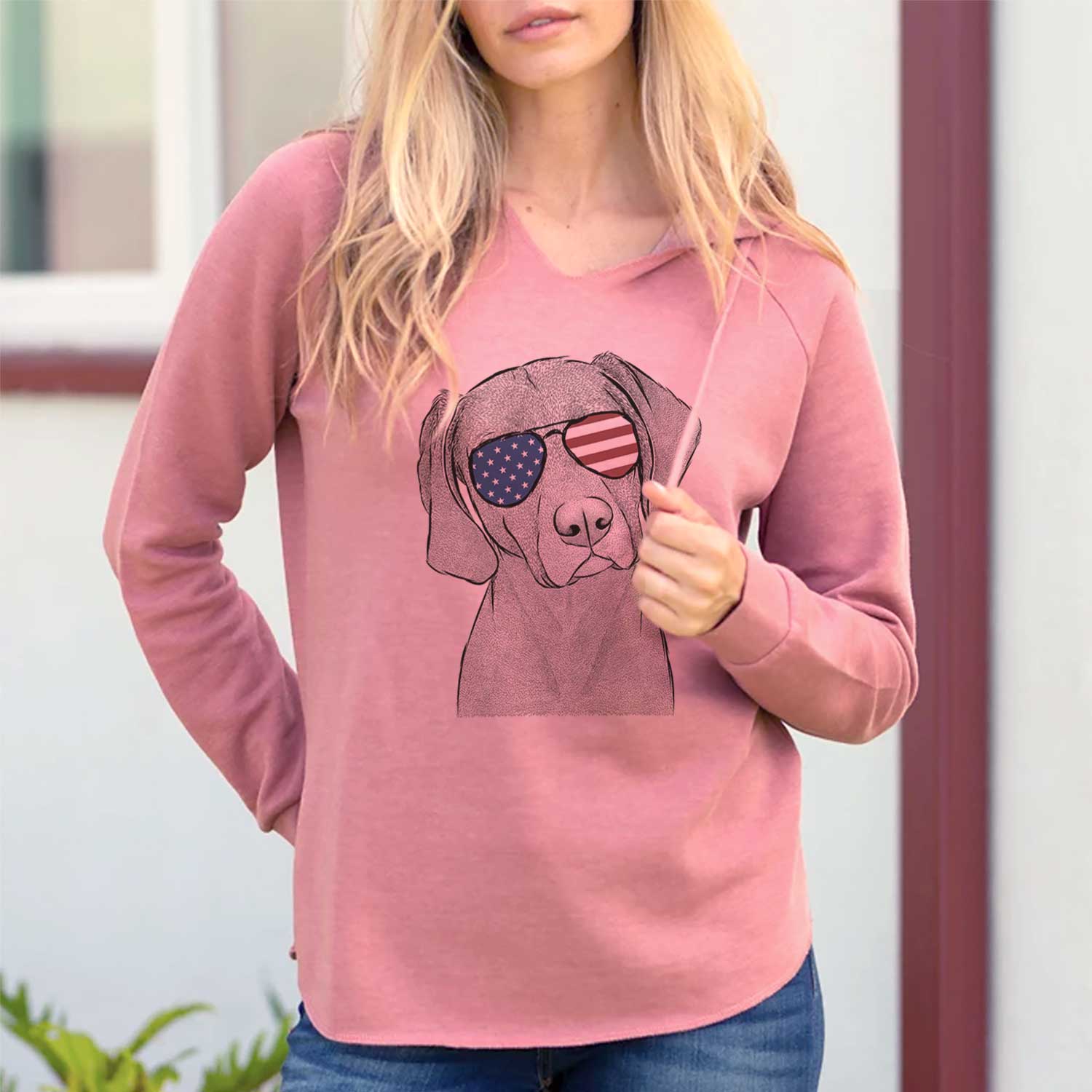 Hand-drawn sketch of Willow the Weizsla wearing American flag sunglasses on a Dusty Rose Cali Wave Hooded Sweatshirt, lifestyle photo