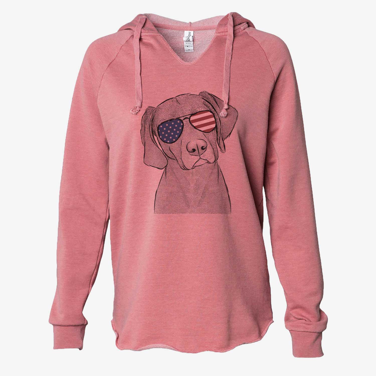 Hand-drawn sketch of Willow the Weizsla wearing American flag sunglasses on a Dusty Rose Cali Wave Hooded Sweatshirt