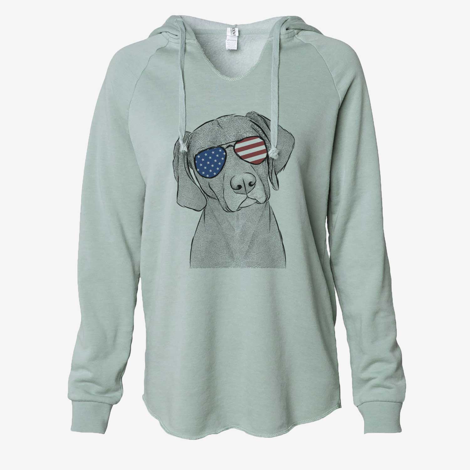 Hand-drawn sketch of Willow the Weizsla wearing American flag sunglasses on a Sage Cali Wave Hooded Sweatshirt