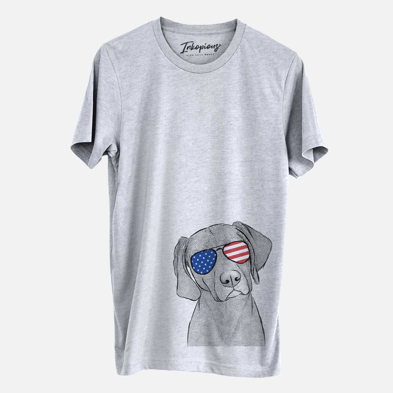 Hand-drawn sketch of Willow the Weizsla wearing American flag sunglasses on a Grey Unisex crewneck