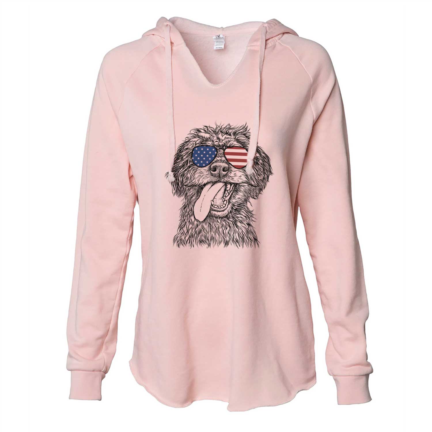 Hand-drawn sketch of Winnie the Mini Aussiedoodle wearing American flag sunglasses on a Blush Cali Wave Hooded Sweatshirt