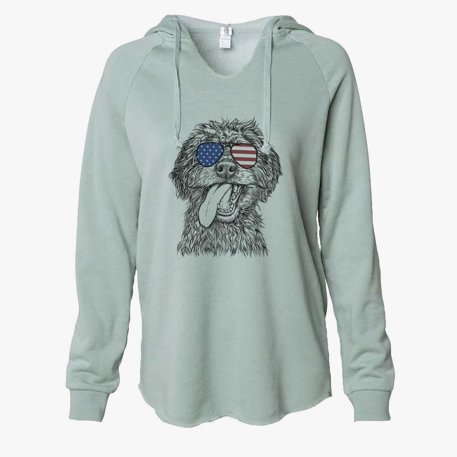 Hand-drawn sketch of Winnie the Mini Aussiedoodle wearing American flag sunglasses on a Sage Cali Wave Hooded Sweatshirt