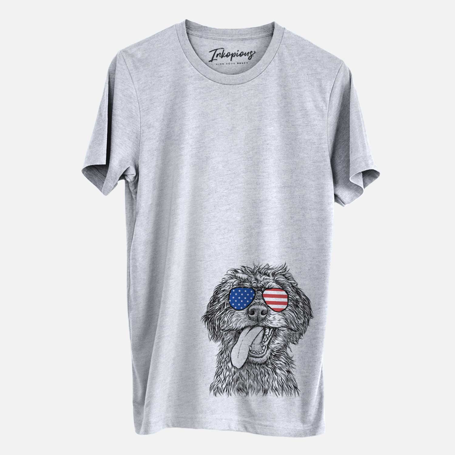 Hand-drawn sketch of Winnie the Mini Aussiedoodle wearing American flag sunglasses on a Grey Unisex crewneck