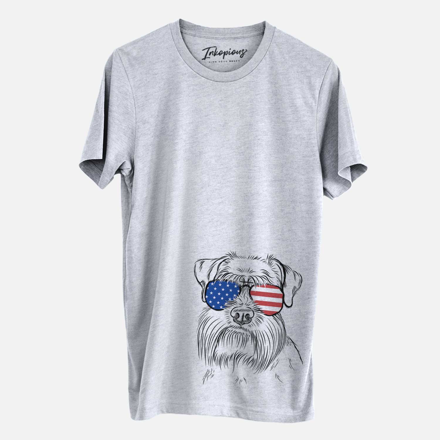 Hand-drawn sketch of Wrigley the Schnauzer wearing American flag sunglasses on a Grey Unisex crewneck