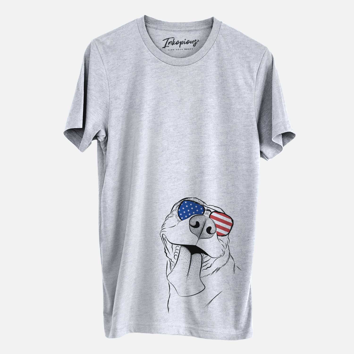 Hand-drawn sketch of Xena the American Staffordshire Terrier wearing American flag sunglasses on a Grey Unisex crewneck