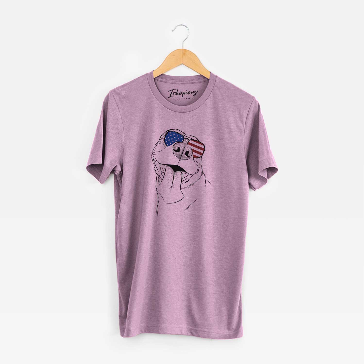 Hand-drawn sketch of Xena the American Staffordshire Terrier wearing American flag sunglasses on an Orchid Unisex crewneck