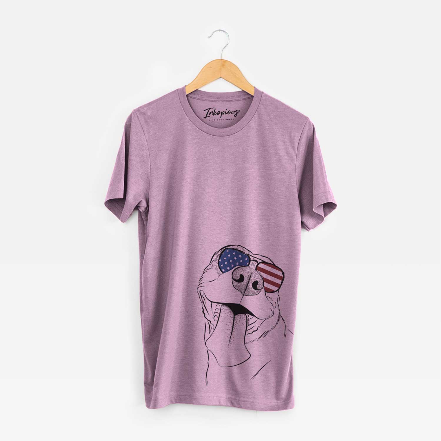 Hand-drawn sketch of Xena the American Staffordshire Terrier wearing American flag sunglasses on an Orchid Unisex crewneck