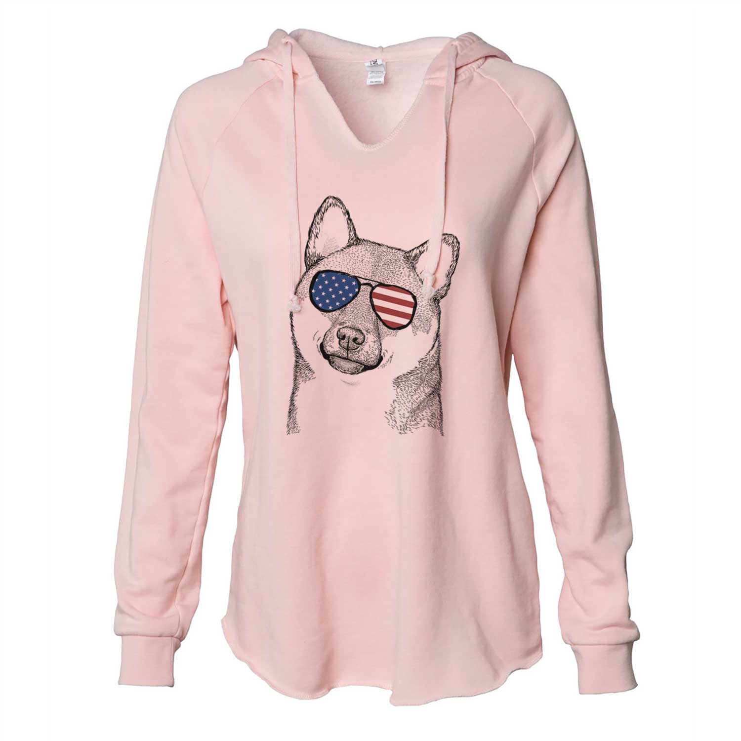 Hand-drawn sketch of Yakuza the Shiba Inu wearing American flag sunglasses on a Blush Cali Wave Hooded Sweatshirt