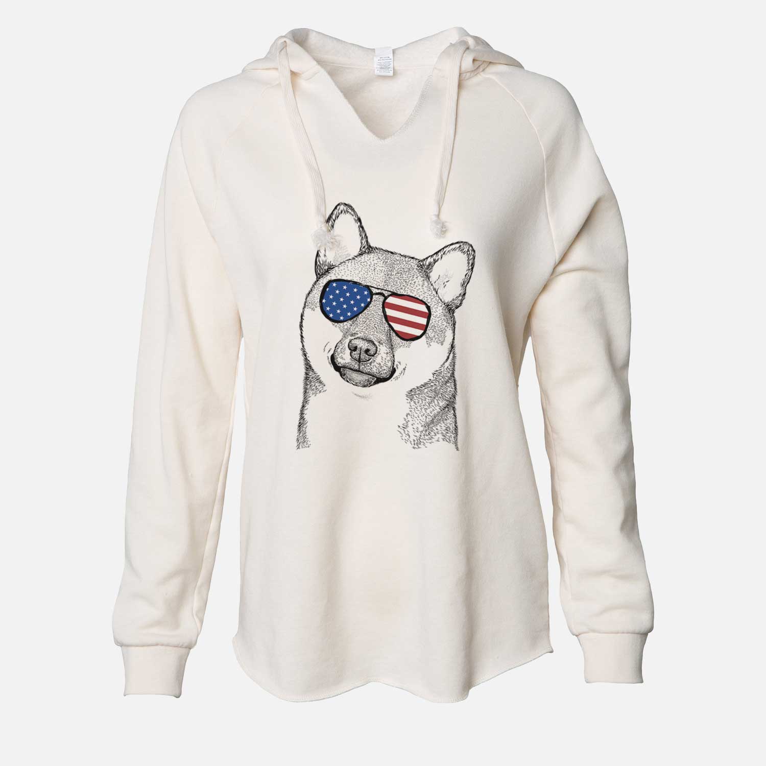 Hand-drawn sketch of Yakuza the Shiba Inu wearing American flag sunglasses on a Bone Cali Wave Hooded Sweatshirt
