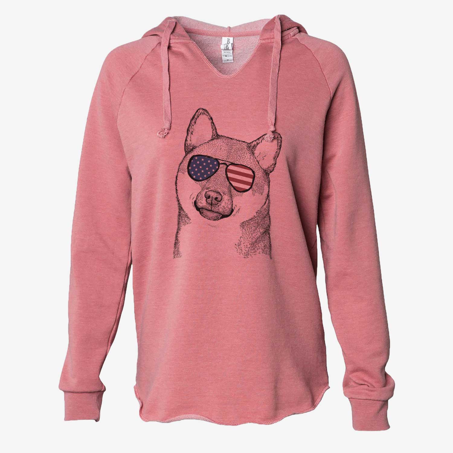 Hand-drawn sketch of Yakuza the Shiba Inu wearing American flag sunglasses on a Dusty Rose Cali Wave Hooded Sweatshirt