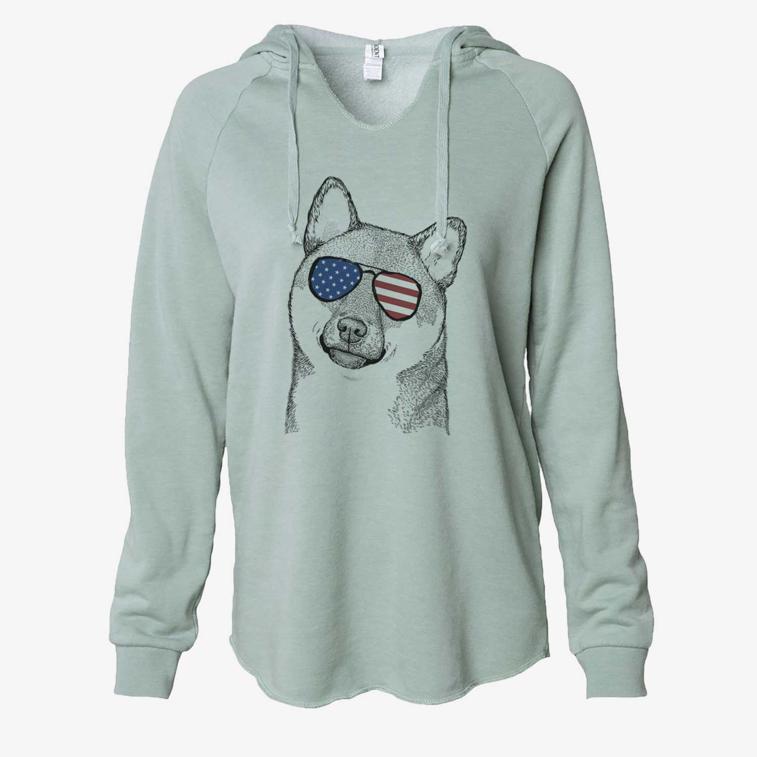 Hand-drawn sketch of Yakuza the Shiba Inu wearing American flag sunglasses on a Sage Cali Wave Hooded Sweatshirt
