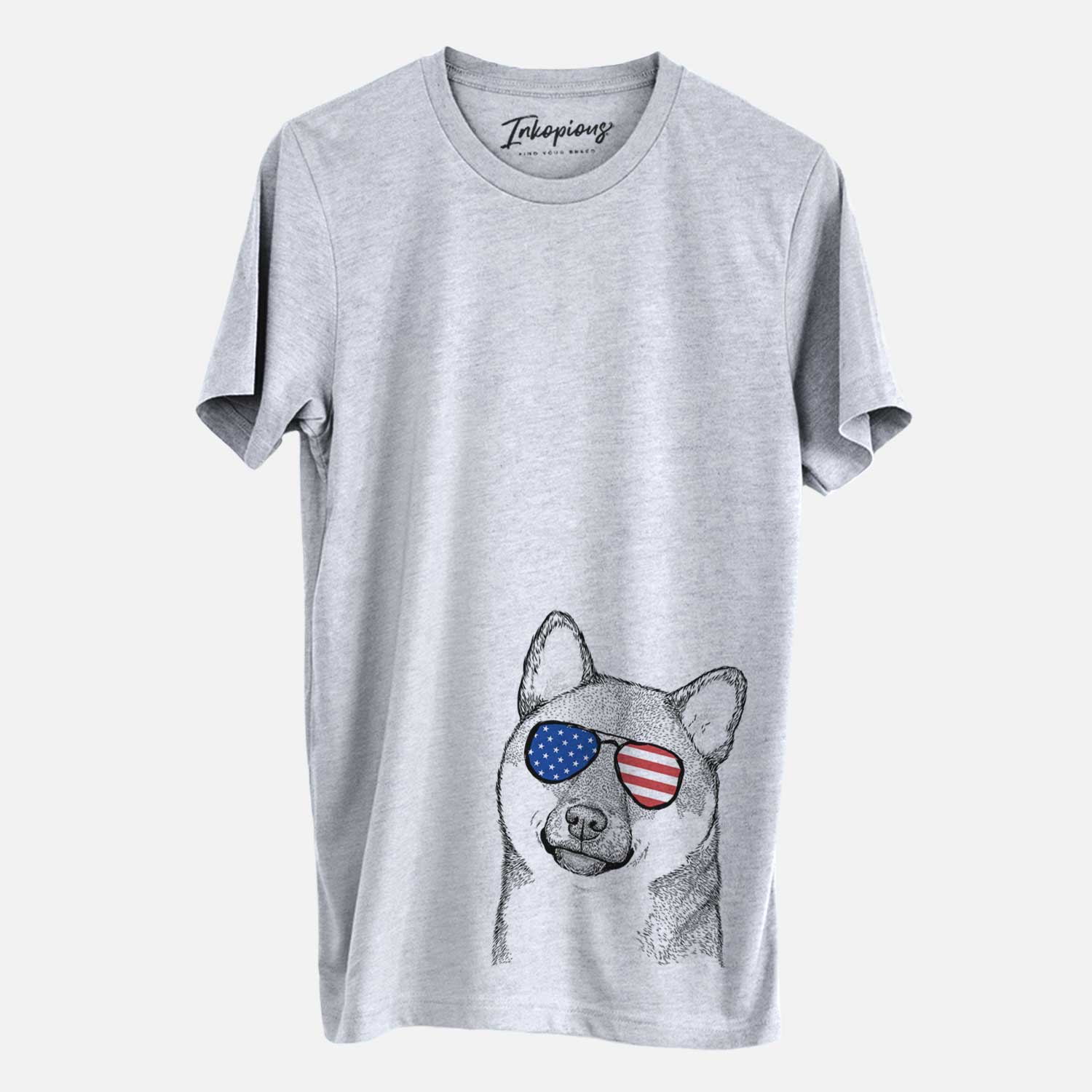 Hand-drawn sketch of Yakuza the Shiba Inu wearing American flag sunglasses on a Grey Unisex crewneck