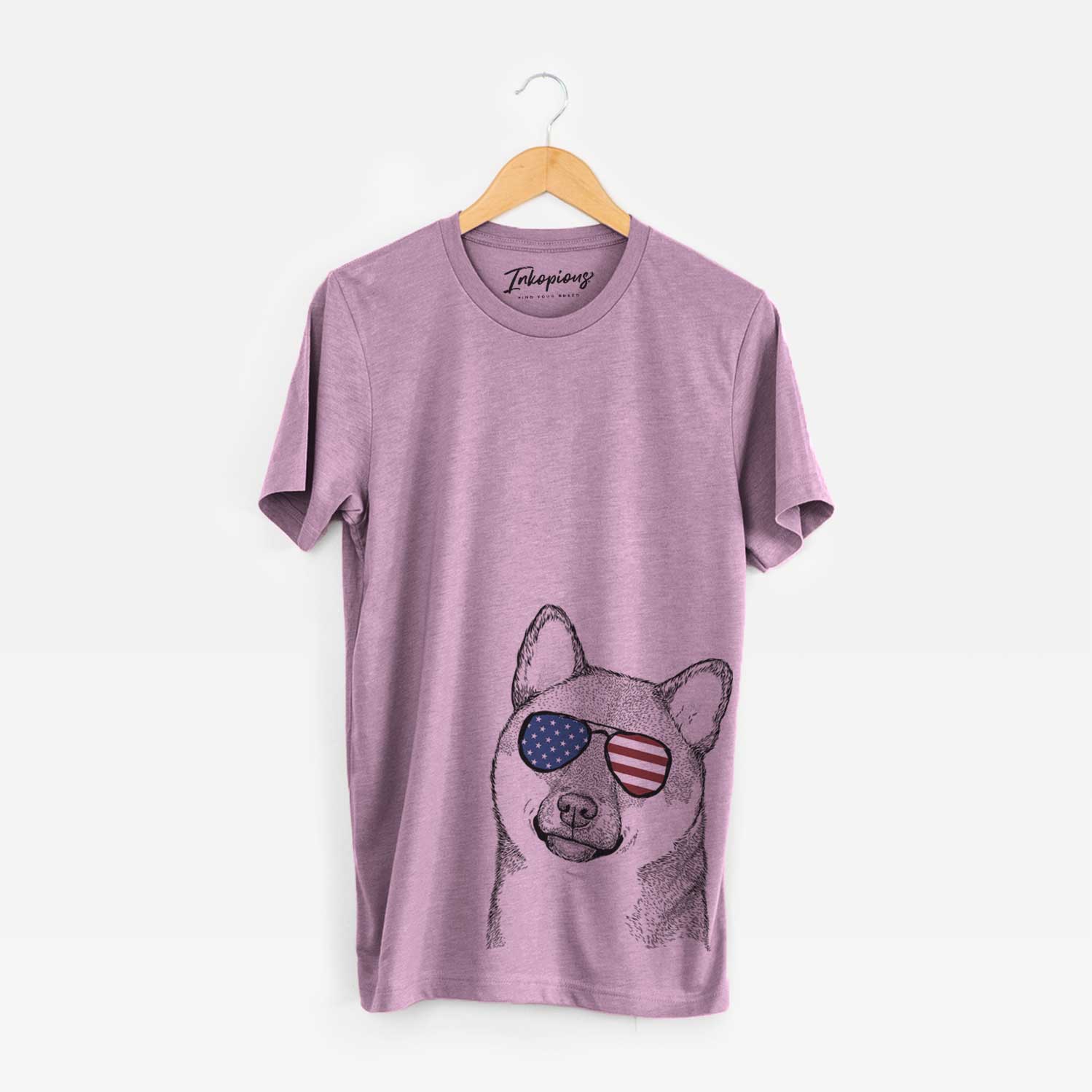 Hand-drawn sketch of Yakuza the Shiba Inu wearing American flag sunglasses on an Orchid Unisex crewneck