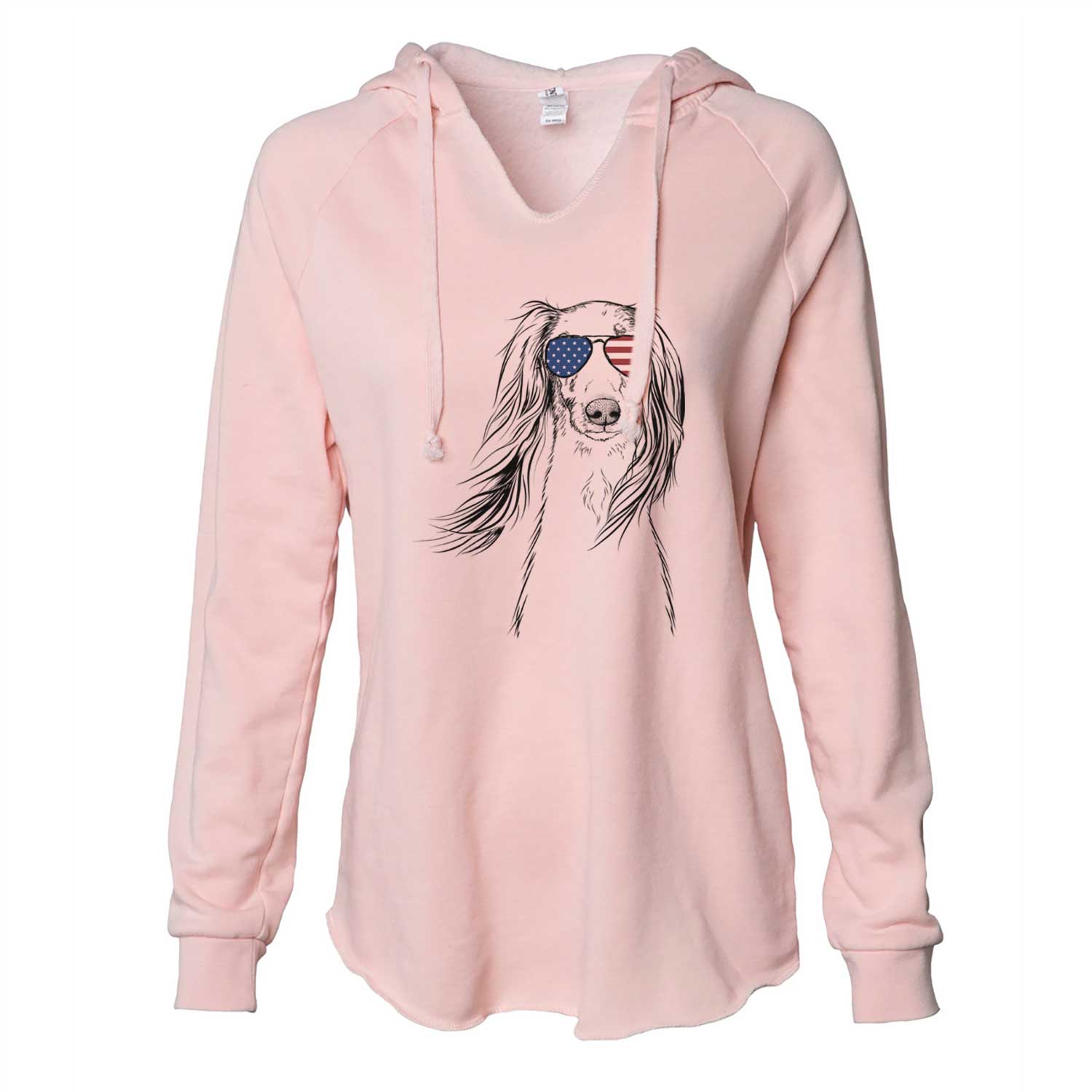 Hand-drawn sketch of Zahra the Saluki wearing American flag sunglasses on a Blush Cali Wave Hooded Sweatshirt