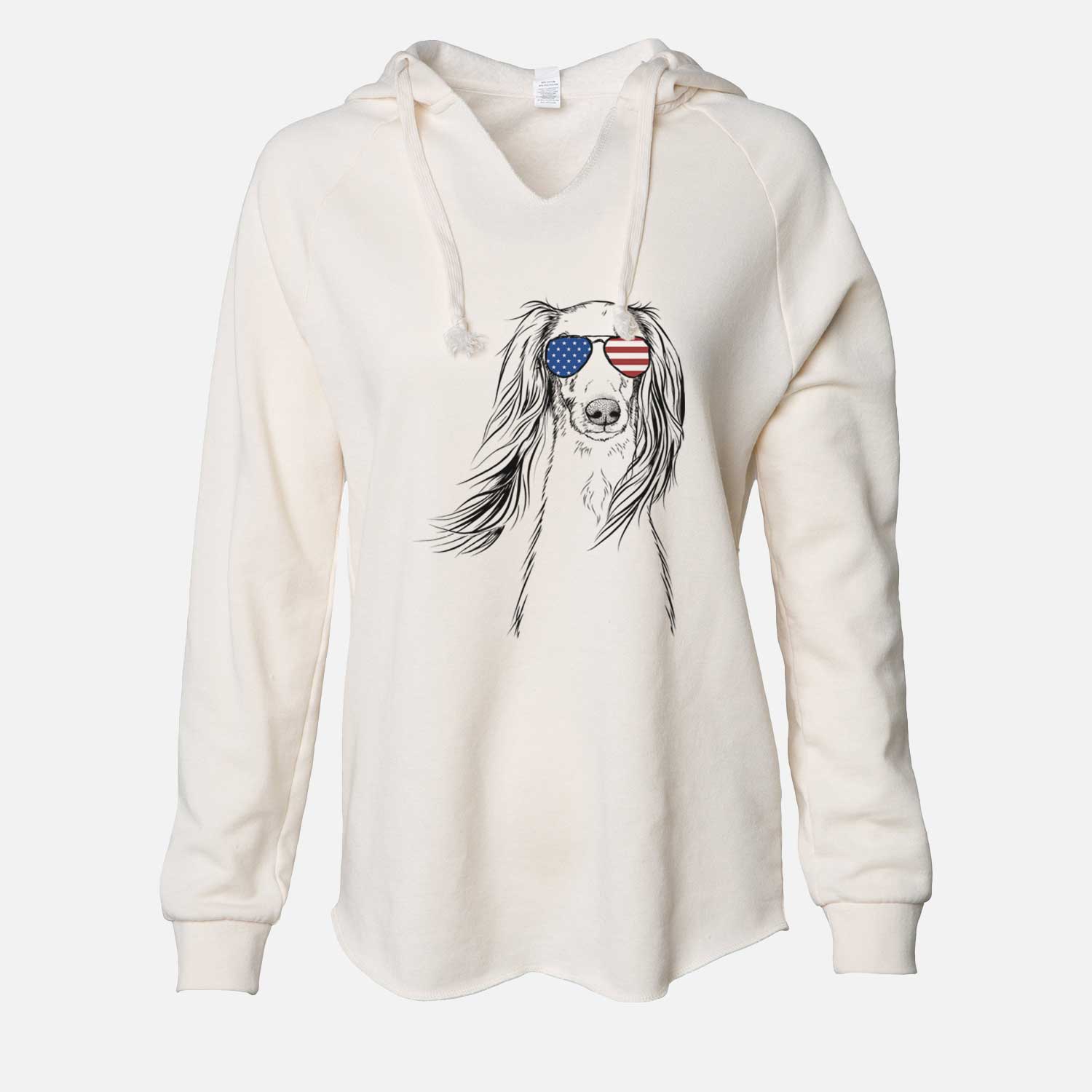 Hand-drawn sketch of Zahra the Saluki wearing American flag sunglasses on a Bone Cali Wave Hooded Sweatshirt